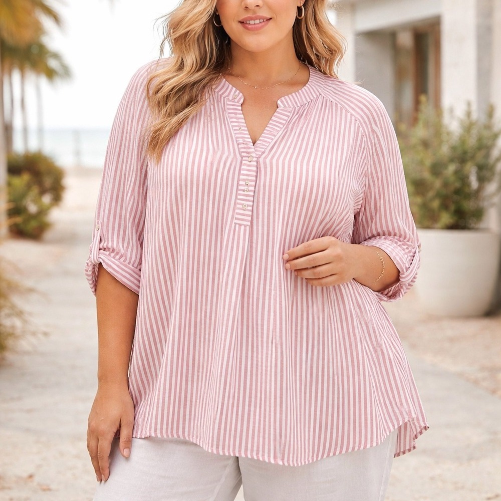 Coastal Stripe Tunic Blouse 2X Pink White Flowy Button Front Quiet Luxury Top